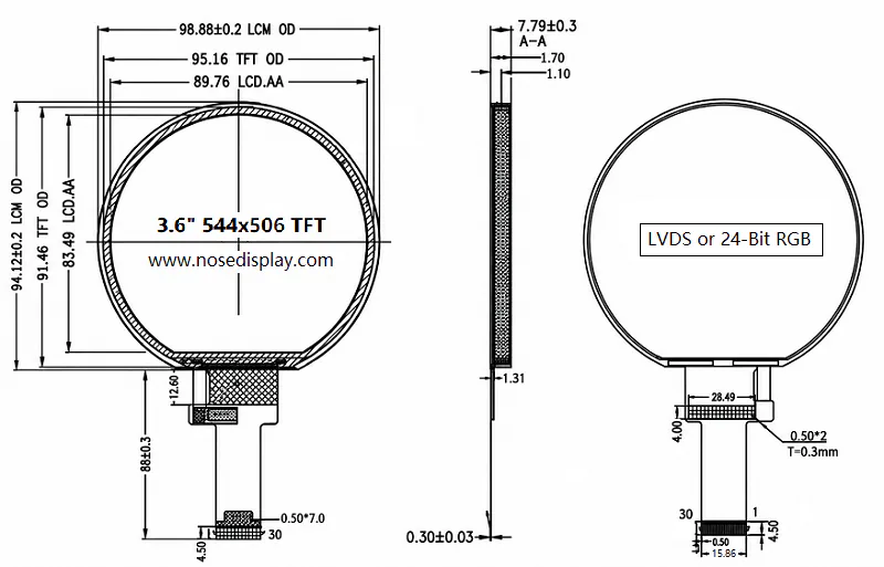 Mechanical drawing of a 3.60-inch round IPS TFT display with 544 × 506 resolution, showing front, side and rear views