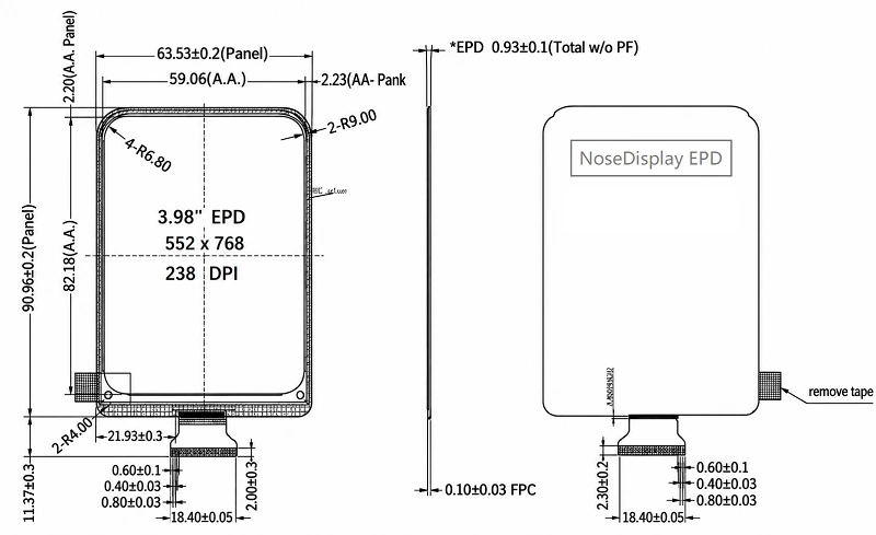 ND039EPN552768-A01 3.98-inch 552×768 ePaper display mechanical drawing with panel dimensions and FPC layout