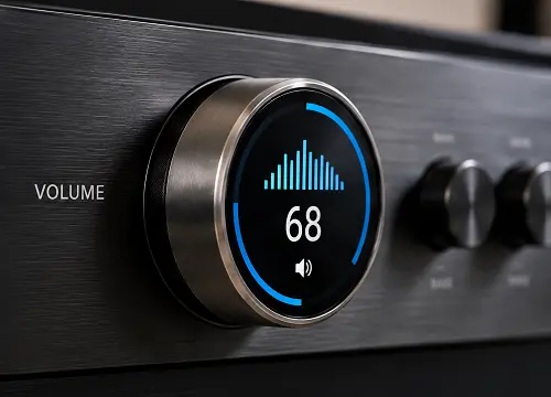 Circular rotary knob display showing an audio volume interface