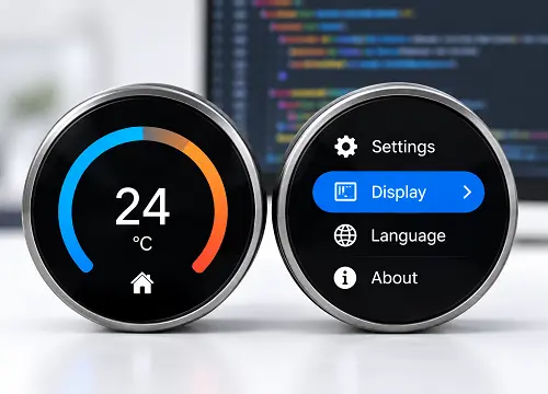 Round display temperature and settings interfaces with firmware development context