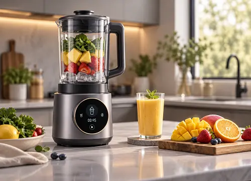 Round LCD display integrated into a smart blender control panel