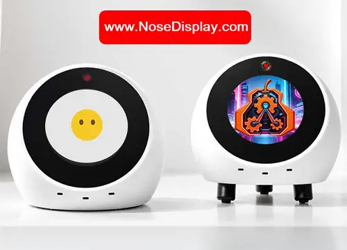 Two desktop companion robot concepts with circular face displays showing expressive graphics