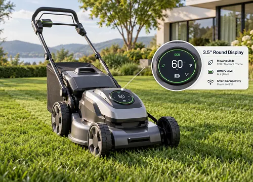Lawn mower with a circular display showing equipment status