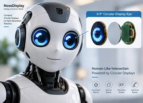 Humanoid robot with two circular display eyes and a display structure illustration