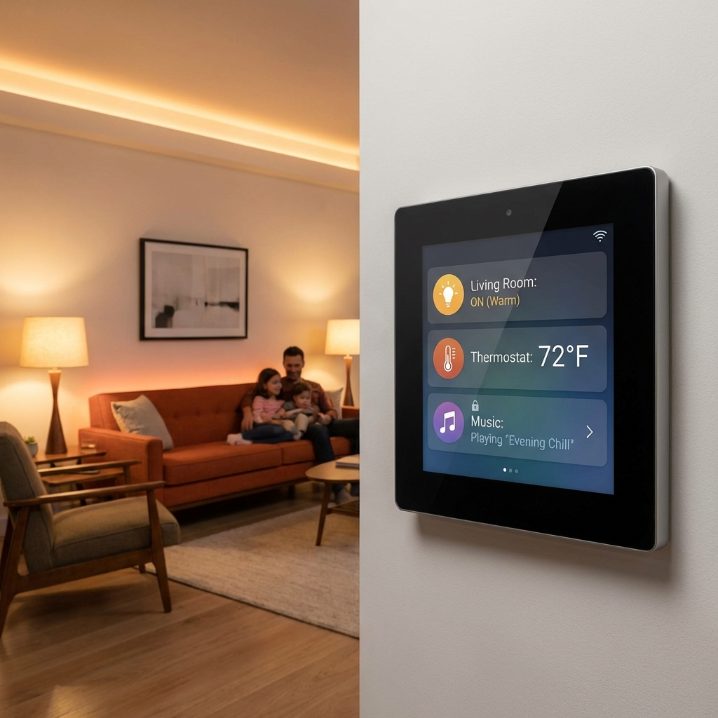 Wall-mounted smart home control screen showing a living room lighting interface