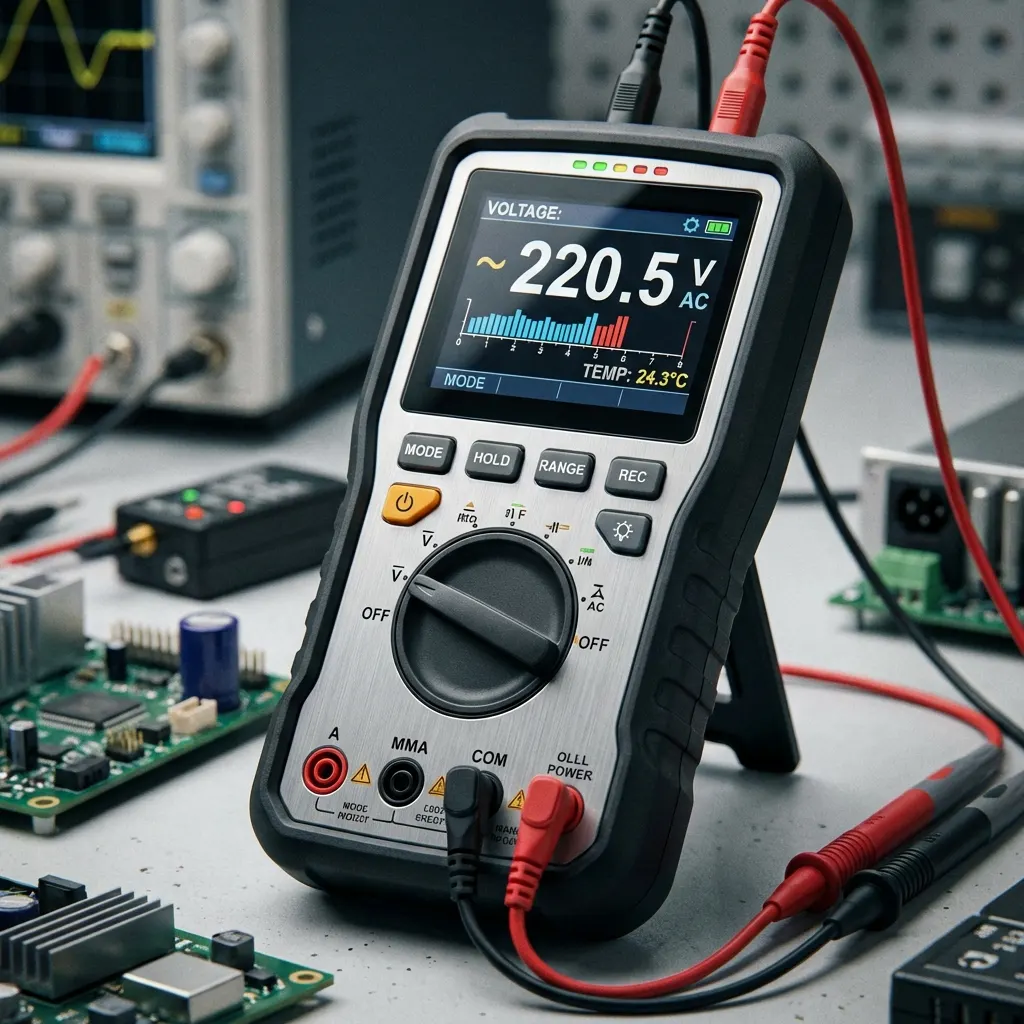 Electrical test meter display showing AC voltage and temperature readings